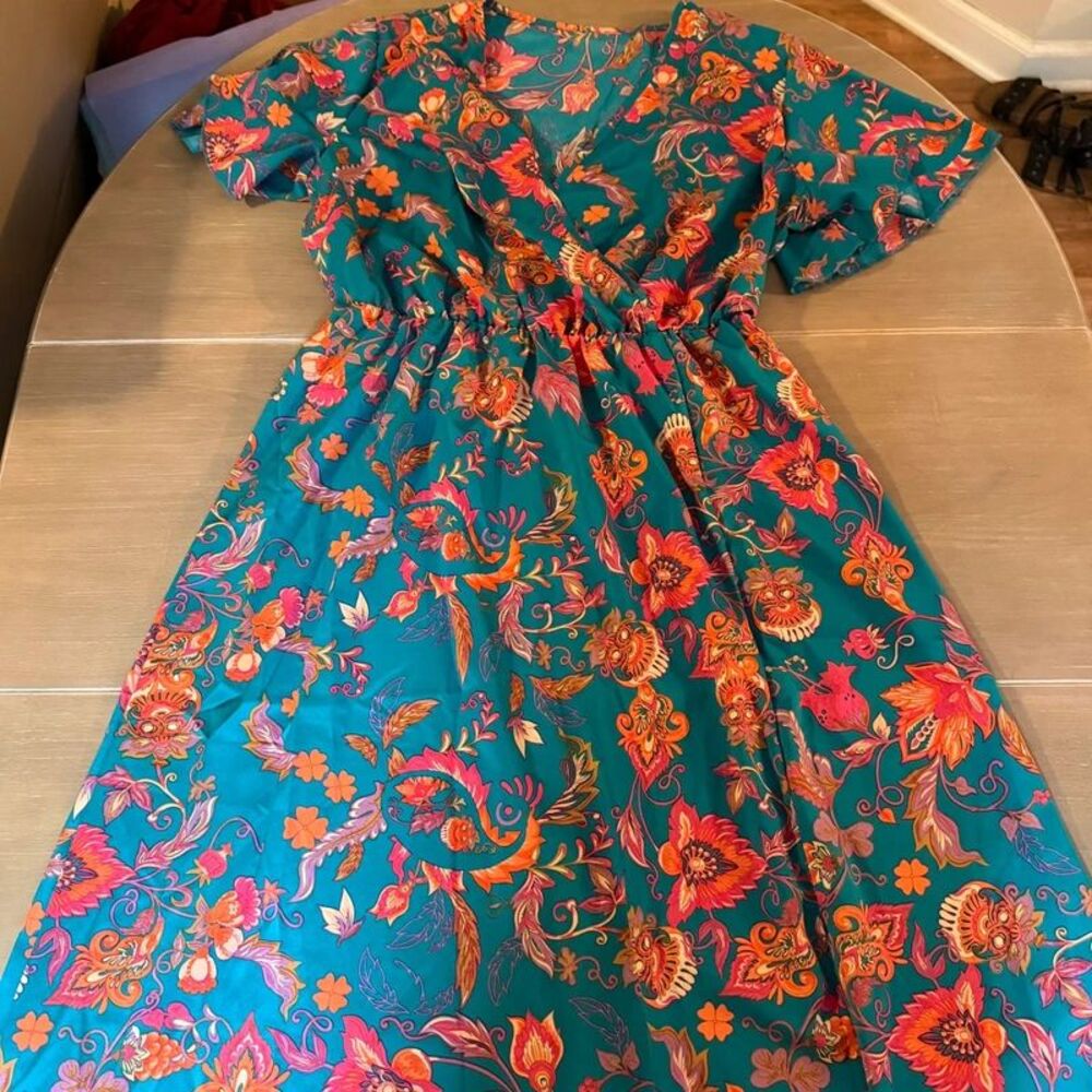 SHEIN Teal Floral Paisley Maxi Dress L Flutter Sleeve Boho Vacation